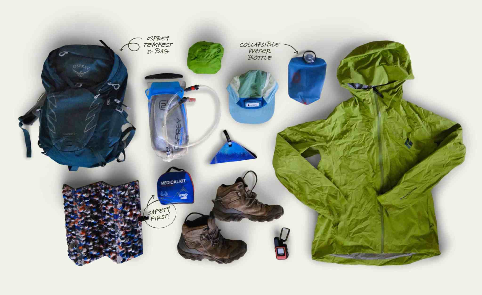 Gear collection for hiking